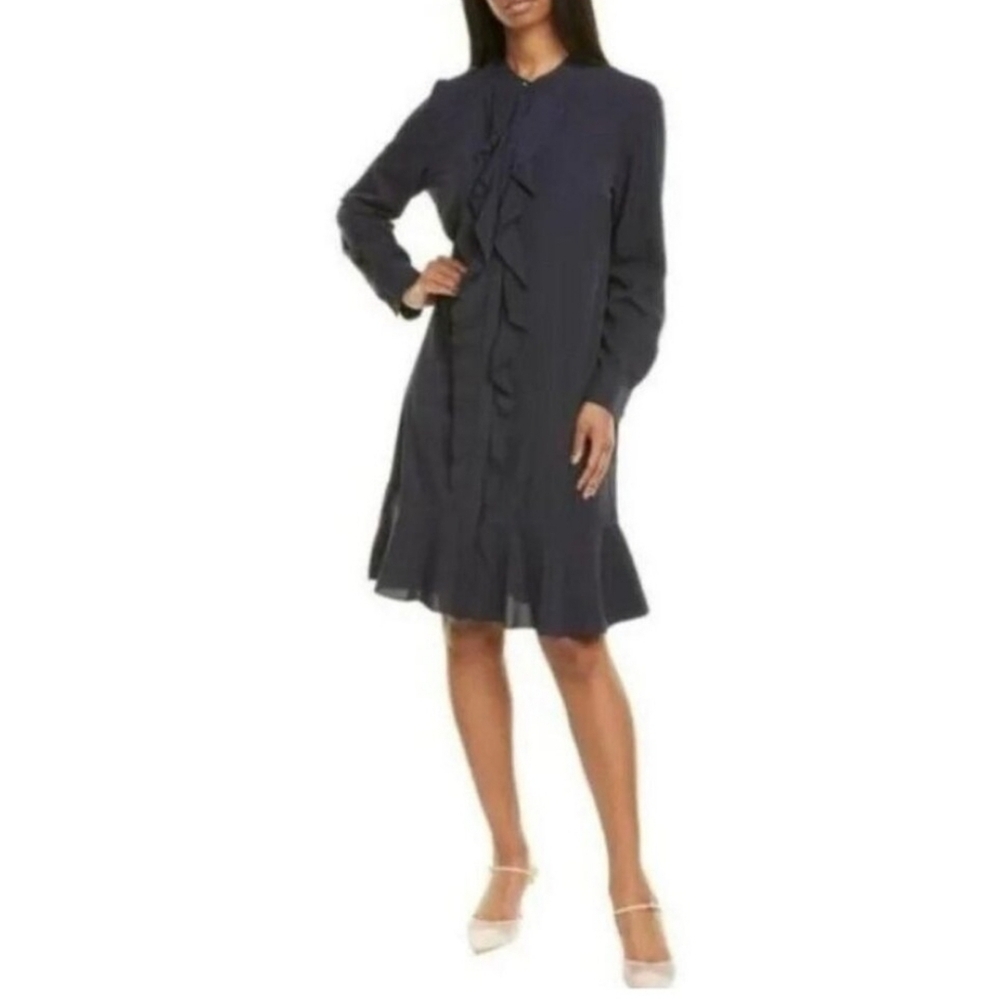 Tory Burch Navy Jane Ruffle Front Shirt Dress Size 00